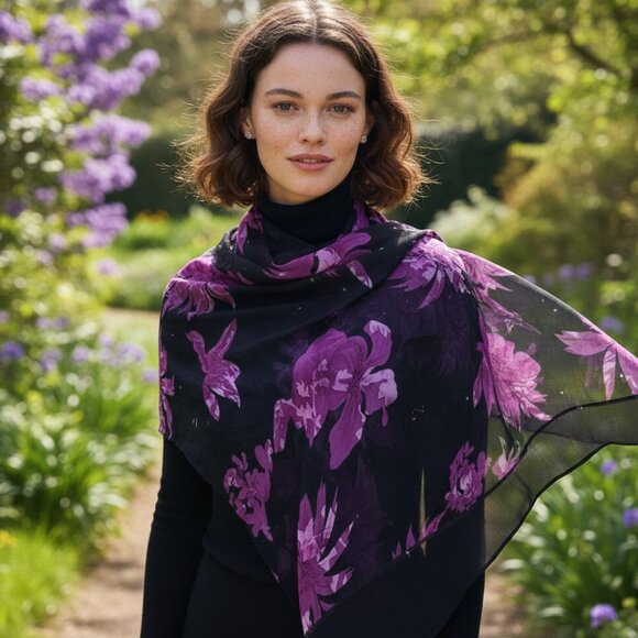 None Accessories - EGYPT Black Purple Floral Rectangular Scarf Semi Sheer Burnout Wrap Shayla Hijab